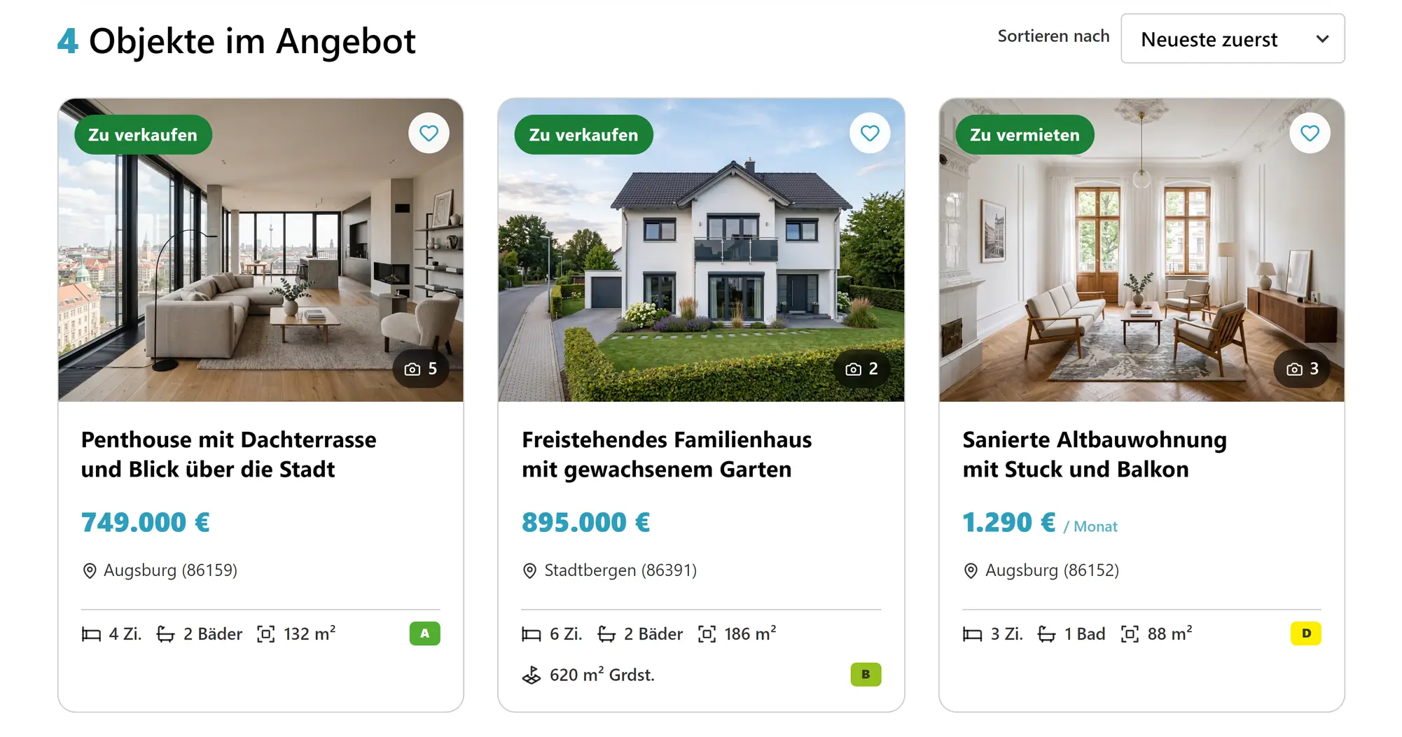 Objektliste von MG Connector mit Immobilienkarten, Preisen und Merkliste