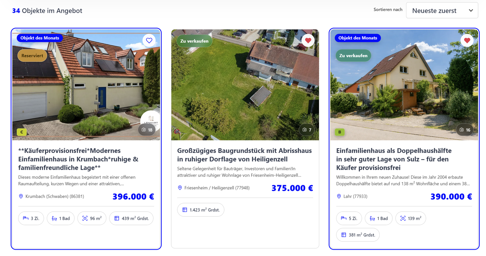 Objektliste von MG ImmoConnect mit Immobilienkarten, Preisen und Merkliste