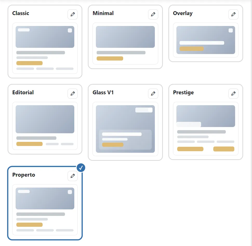 Auswahl der sieben Karten-Designs im Backend von MG ImmoConnect