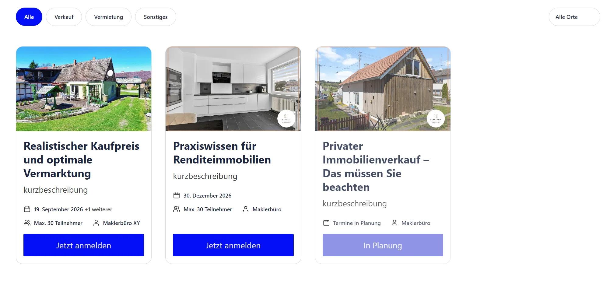 Veranstaltungsliste mit Terminen, Teilnehmerzahl und Knopf zur Anmeldung