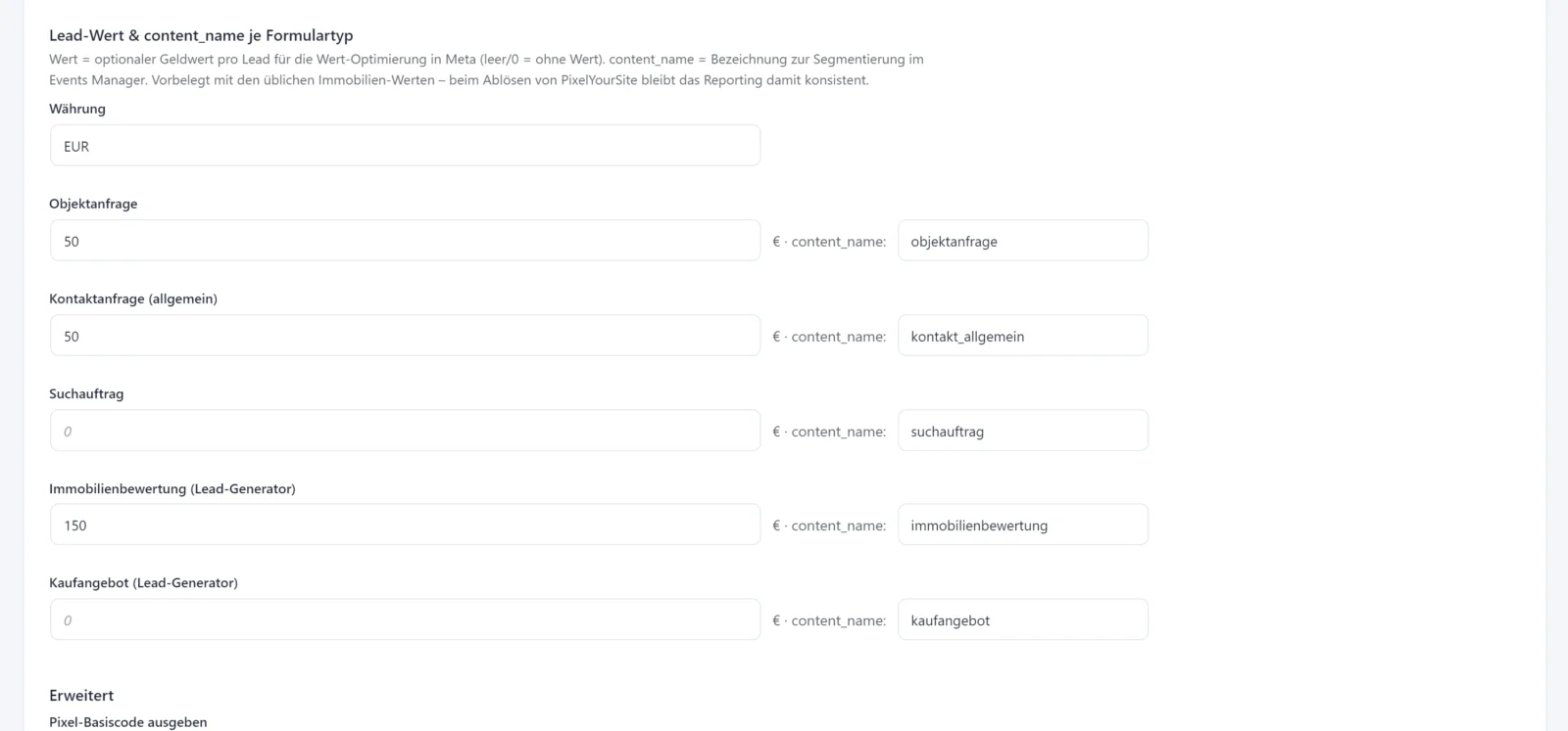 Tabelle mit Wert und Bezeichnung je Formulartyp für die Meta-Meldung