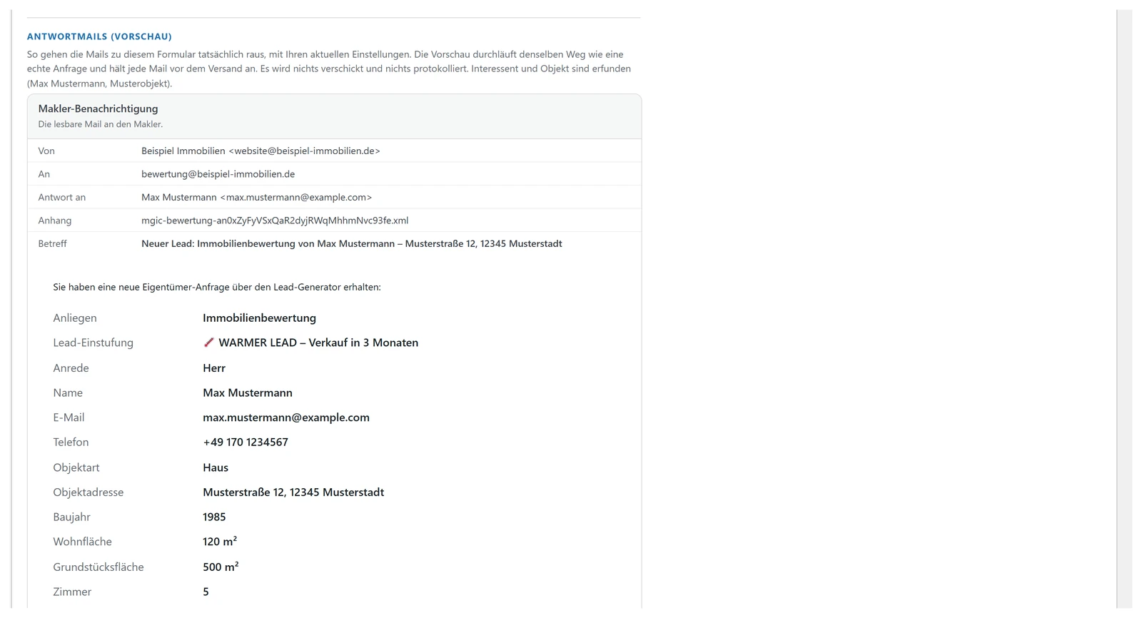 Vorschau der Mail an das Maklerbüro und der Bestätigung an den Eigentümer