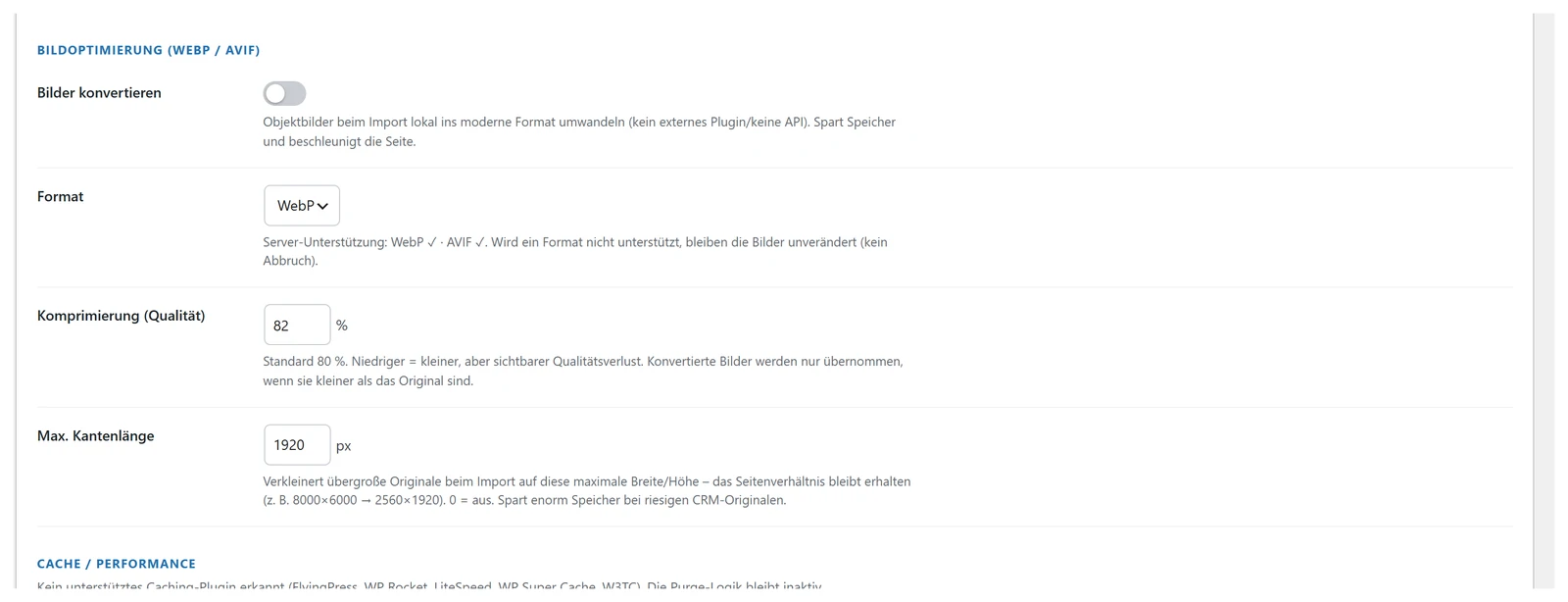 Einstellungen für WebP, Komprimierung und maximale Kantenlänge der Objektbilder