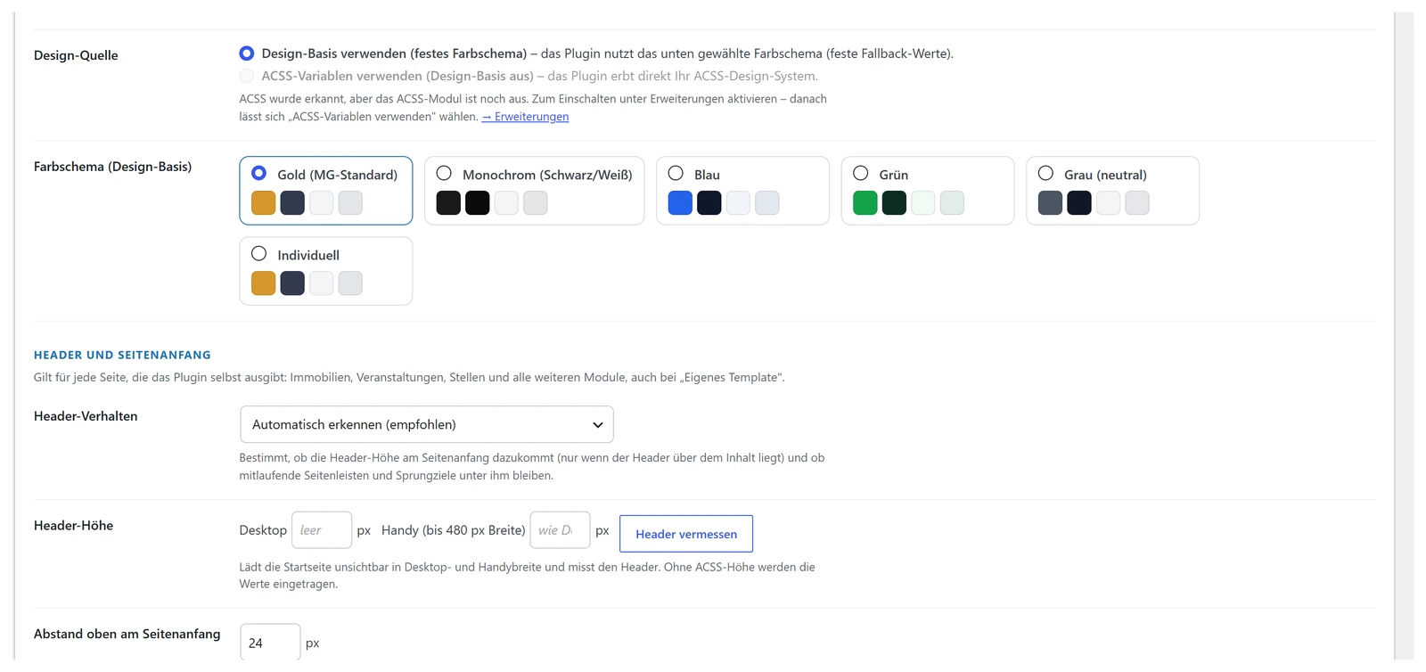 Einstellungen für Detailseiten-Design, Design-Quelle und Farbschema