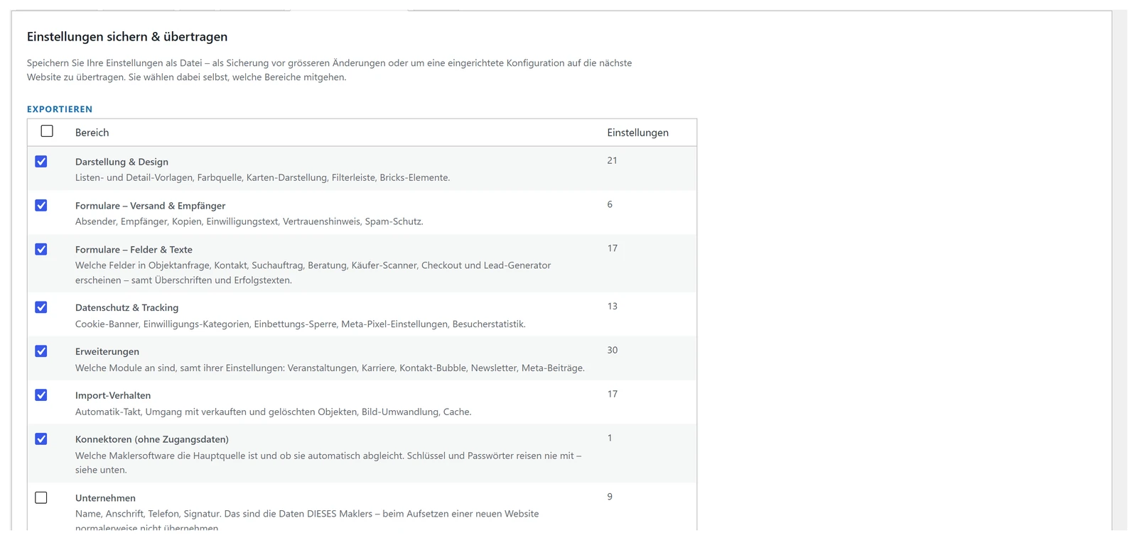 Export und Import der Plugin-Einstellungen mit Auswahl der Bereiche