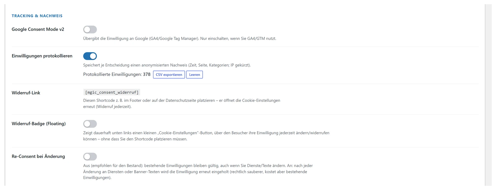 Schalter für Google Consent Mode, Protokollierung und Widerruf-Link