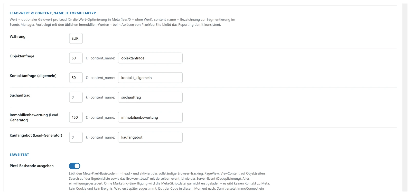 Tabelle mit Wert und Bezeichnung je Formulartyp für die Meta-Meldung