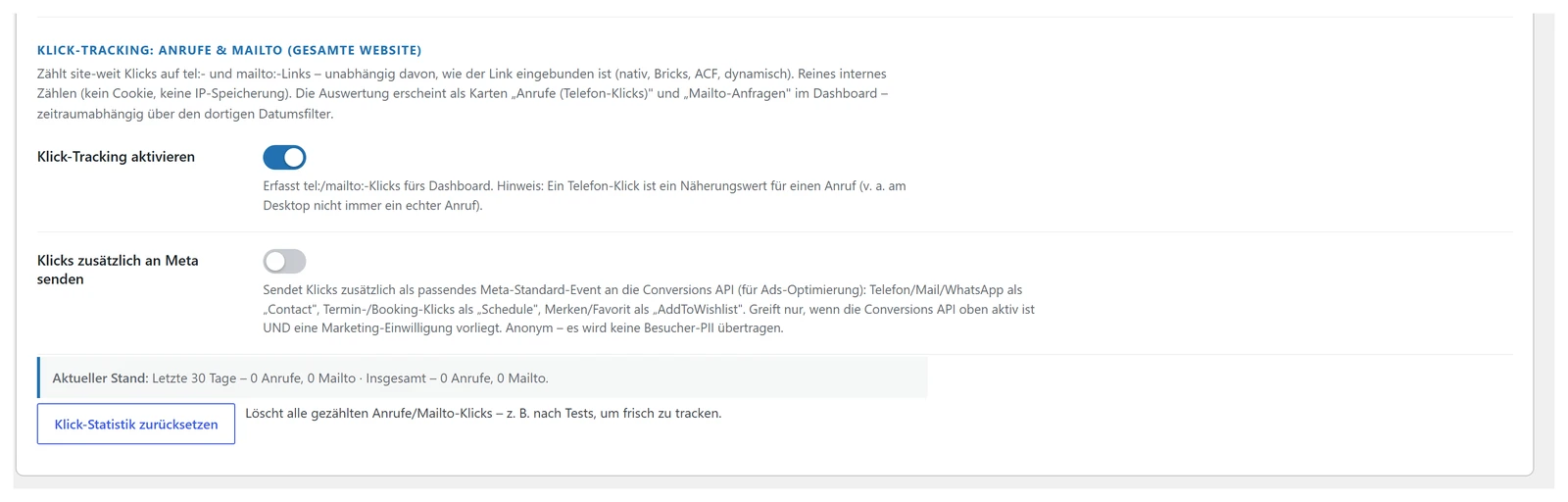 Schalter für das Zählen von Telefon- und Mailklicks auf der gesamten Website