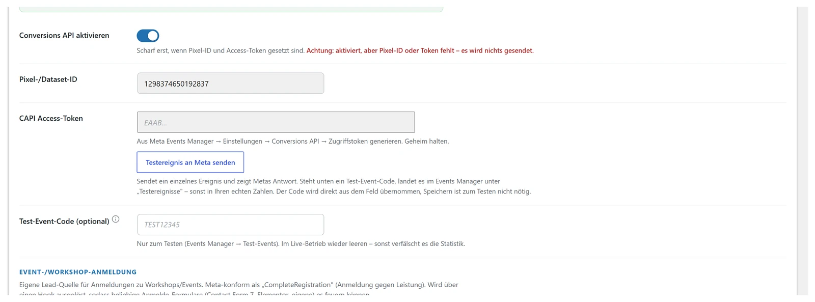 Eingabefelder für Pixel-Kennung und Zugriffsschlüssel der Conversions API