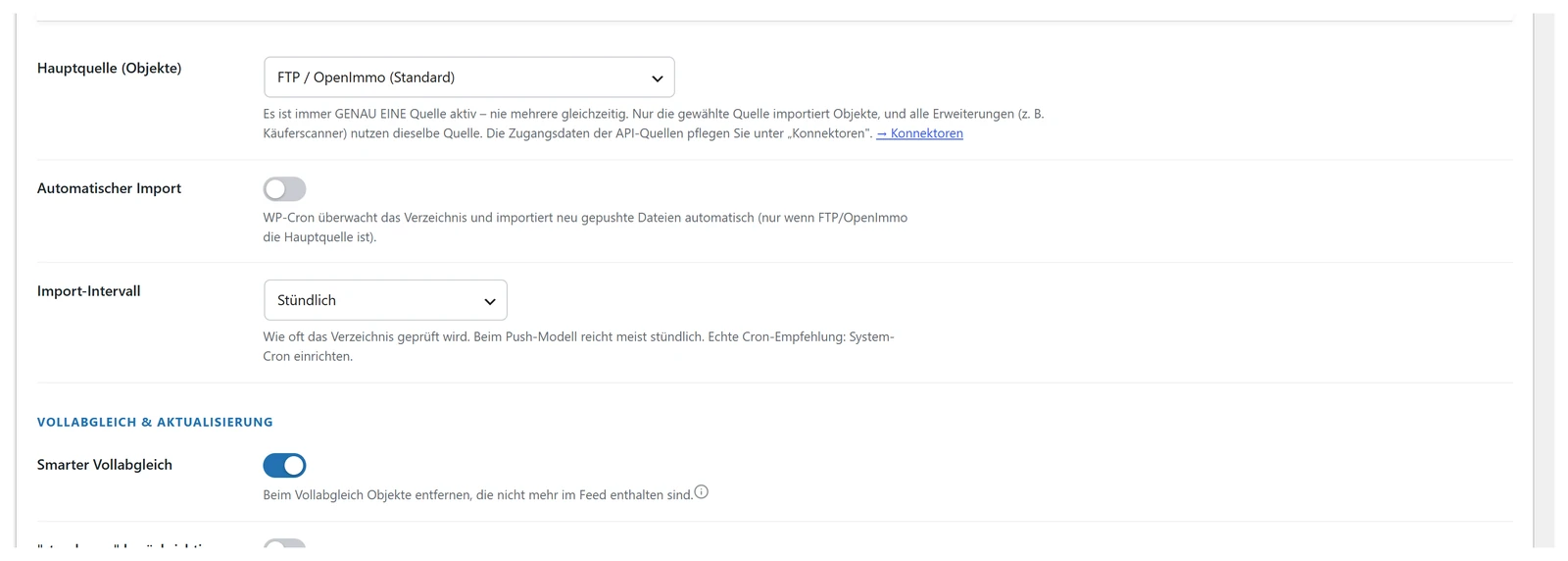 Auswahl der Hauptquelle und des automatischen Imports