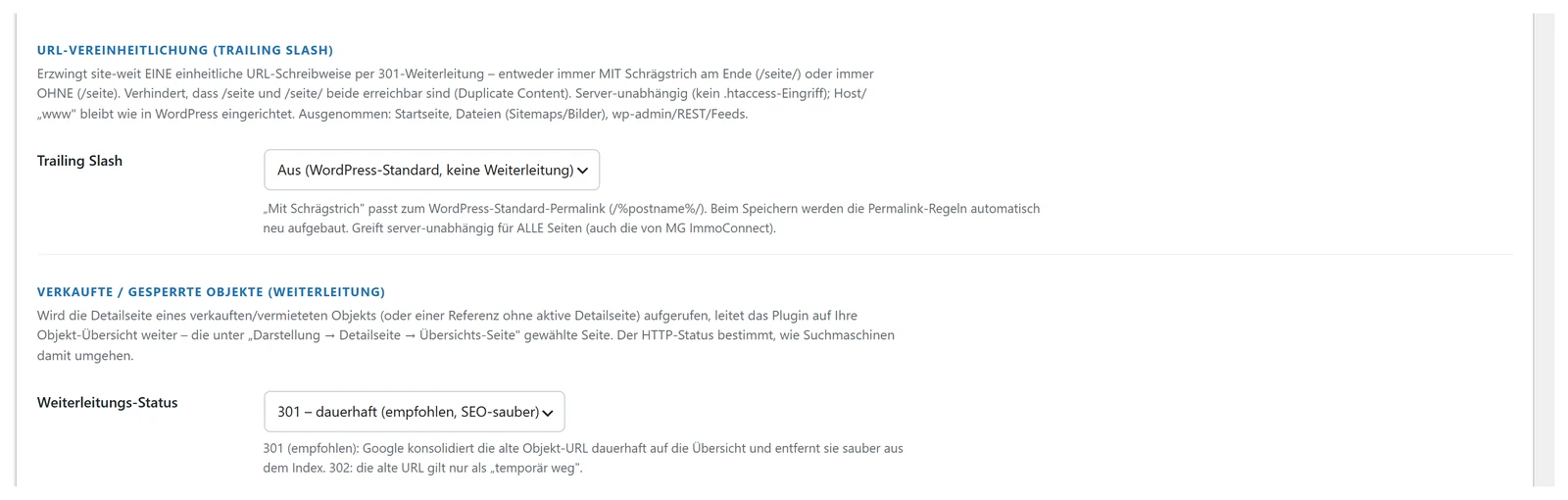 Einstellung zur Vereinheitlichung der Adressen mit und ohne Schrägstrich