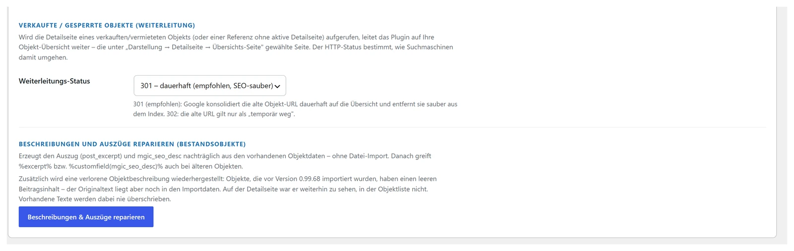 Einstellung der Weiterleitung für verkaufte und gesperrte Objekte