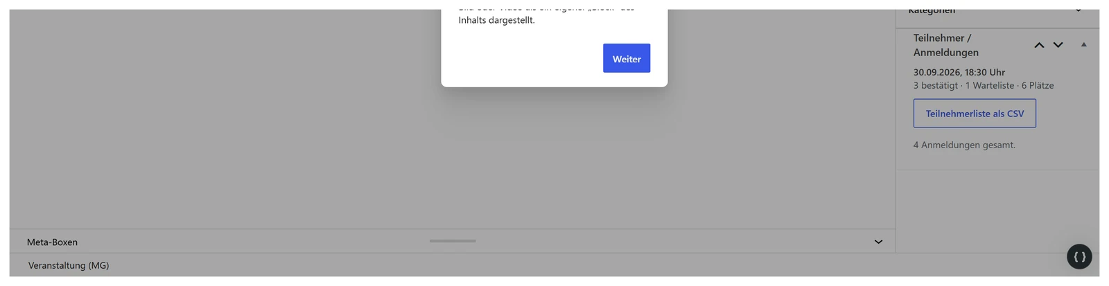 Liste der Anmeldungen zu einem Termin mit Namen und Plätzen