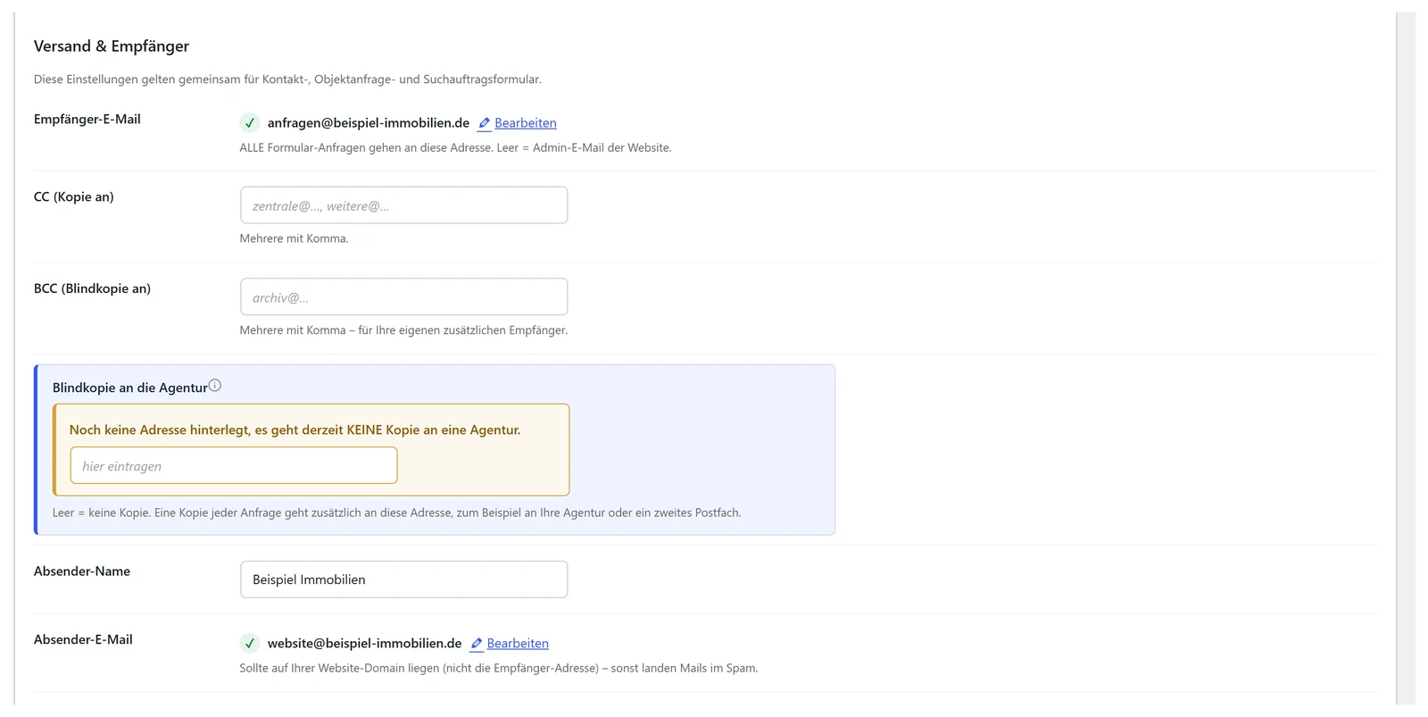 Einstellungen für Empfänger, Kopie, Absender und Bestätigungsmail