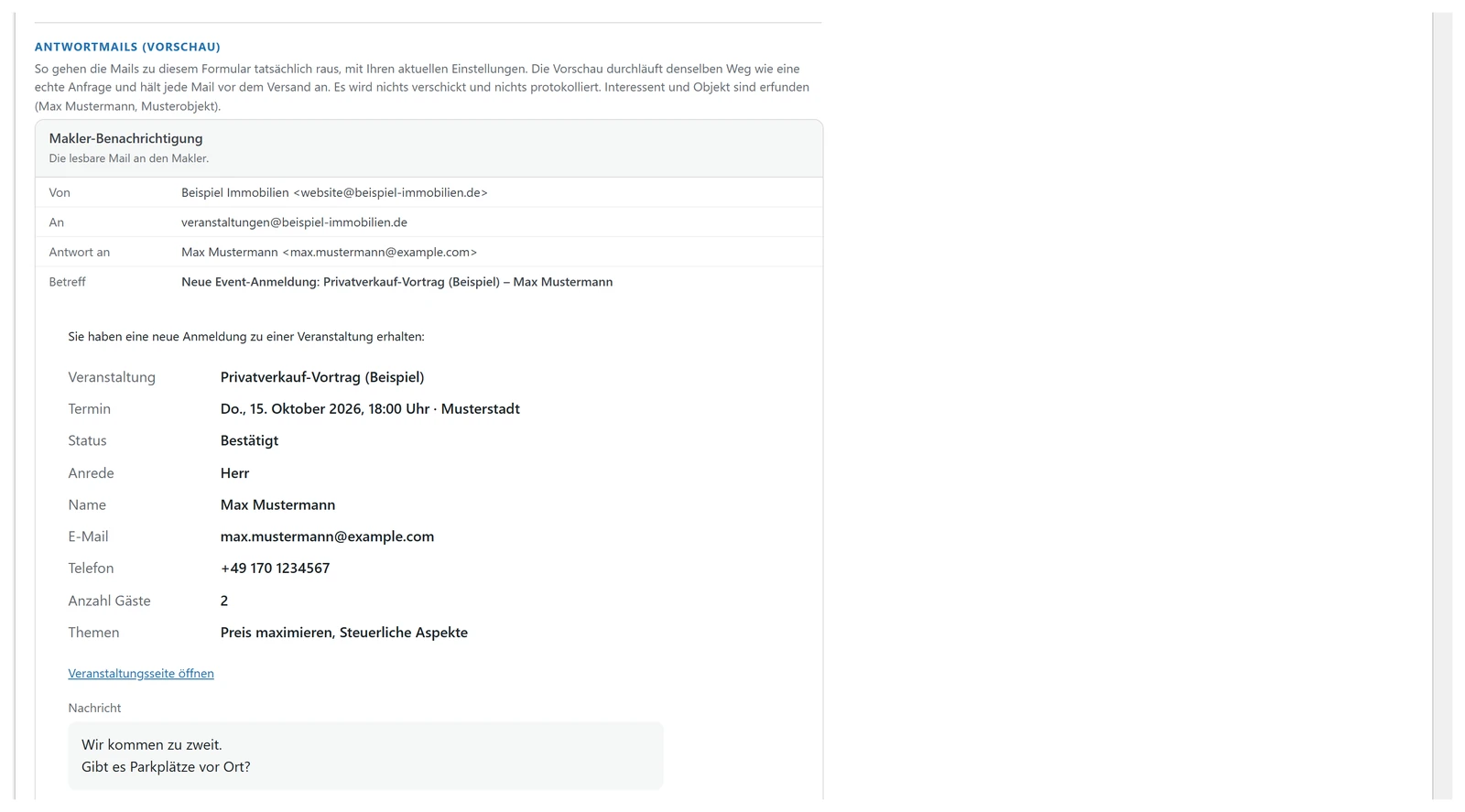 Vorschau der Bestätigungsmail zur Veranstaltungsanmeldung