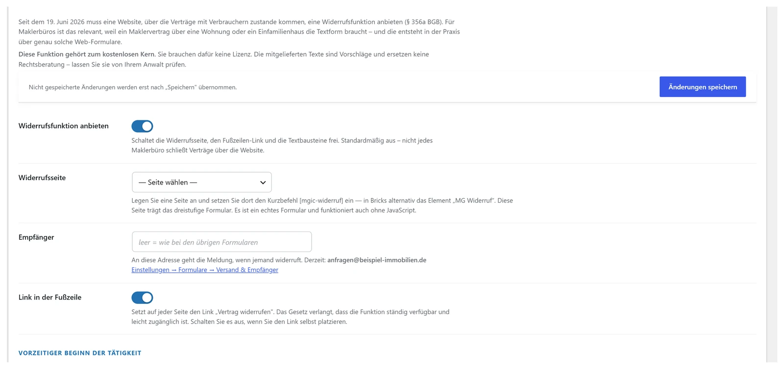 Einstellungen der Widerrufsfunktion mit Schaltern, Seitenauswahl und Empfänger