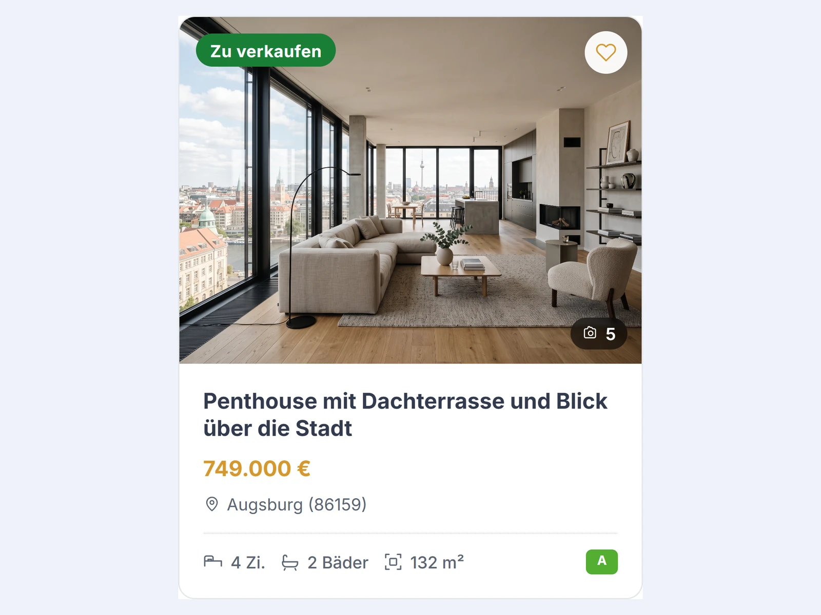 Immobilien-Karte im Design Classic mit Foto, Titel, Preis, Ort und Eckdaten