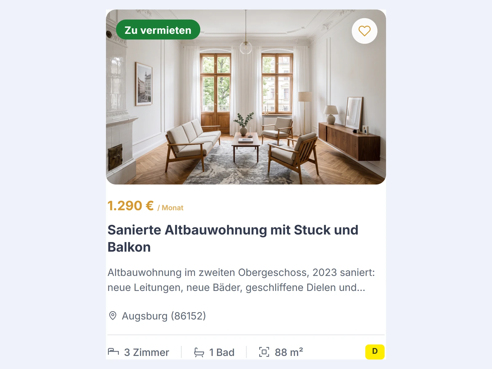 Immobilien-Karte im Design Editorial mit Preis über der Überschrift und Beschreibungstext