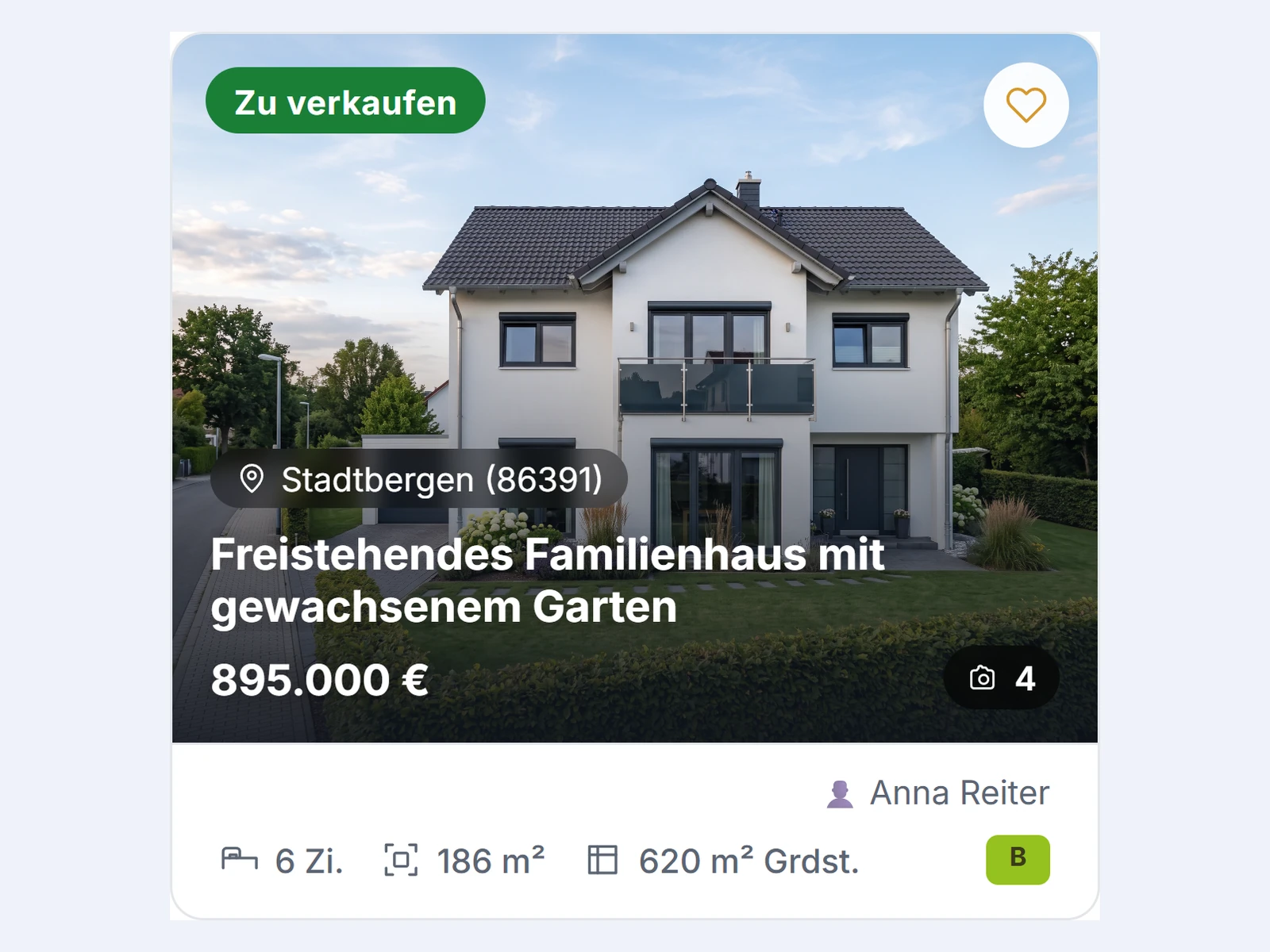 Immobilien-Karte im Design Overlay mit Titel und Preis auf dem Foto