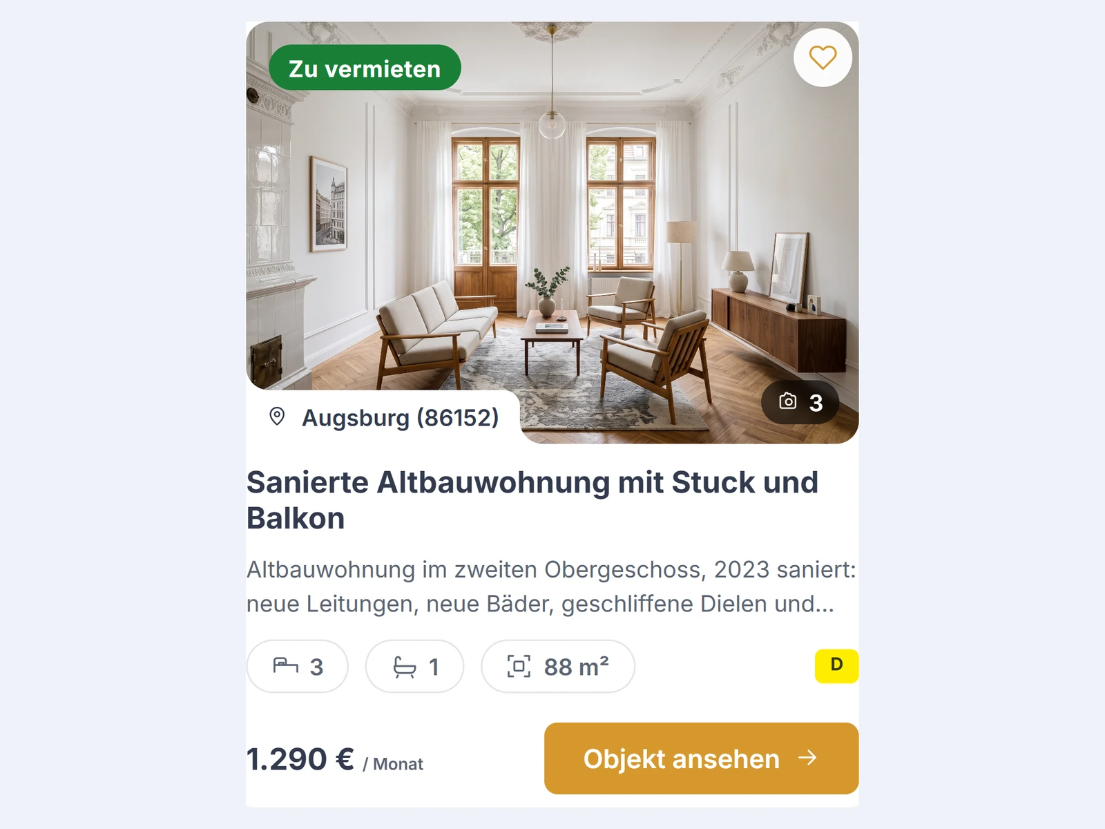 Immobilien-Karte im Design Prestige mit Knopf Objekt ansehen