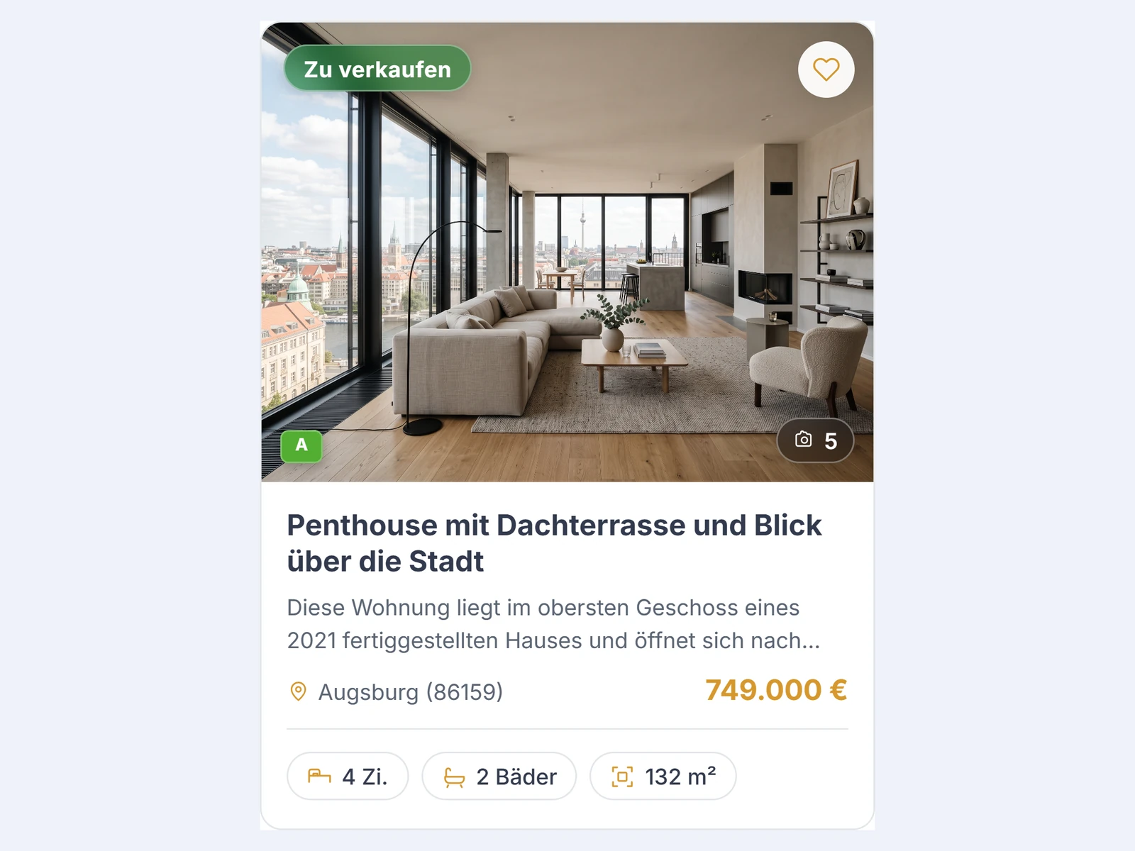 Kompakte Immobilien-Karte im Design Properto mit Beschreibung und Eckdaten