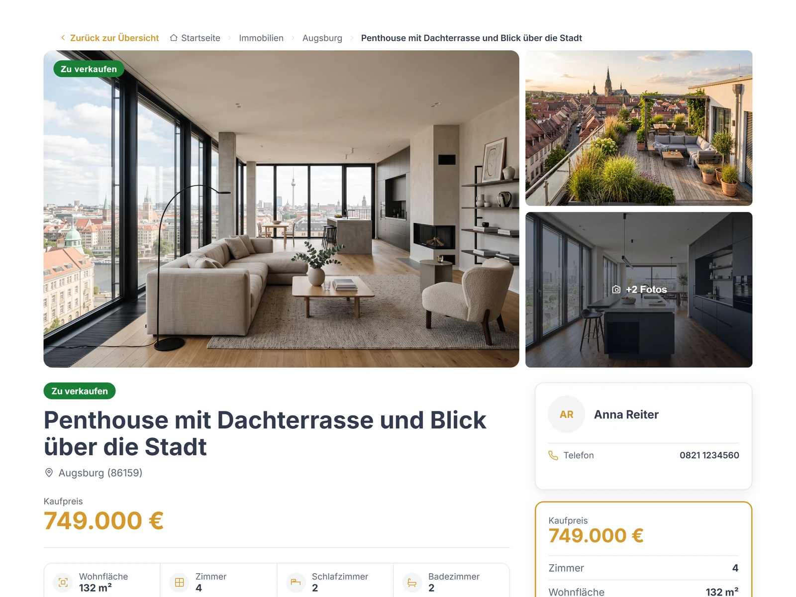 Detailseite einer Immobilie mit Galerie, Titel, Kaufpreis, Eckdaten und Ansprechpartner