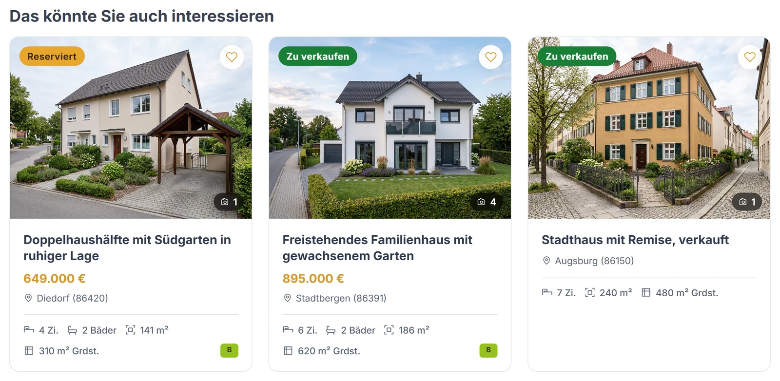 Drei empfohlene Immobilien unter einer Objekt-Detailseite