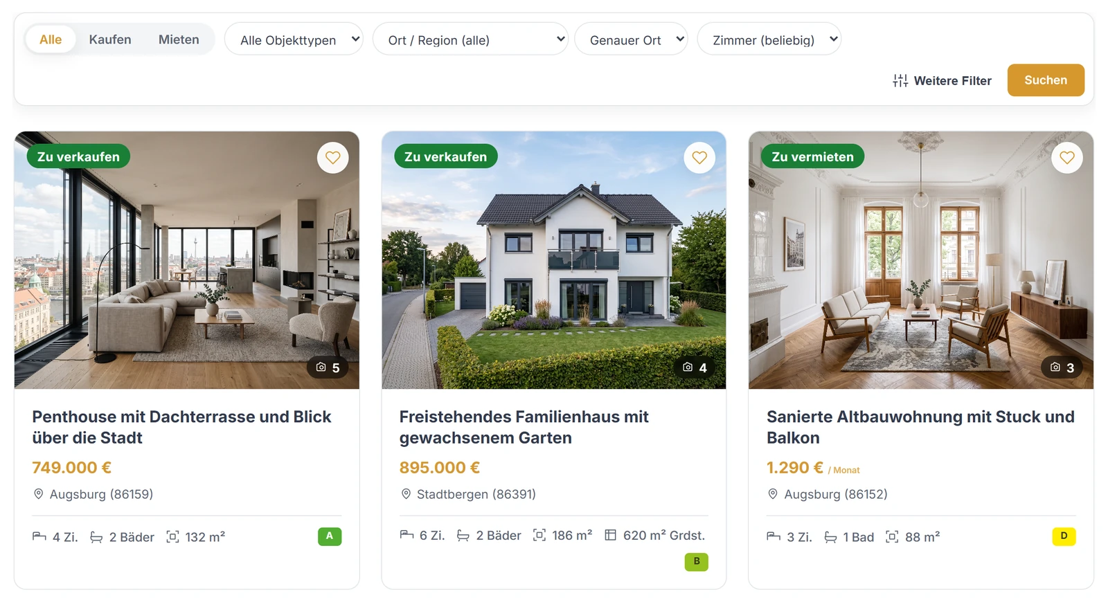 Objektübersicht mit Filterleiste und drei Immobilien-Karten nebeneinander