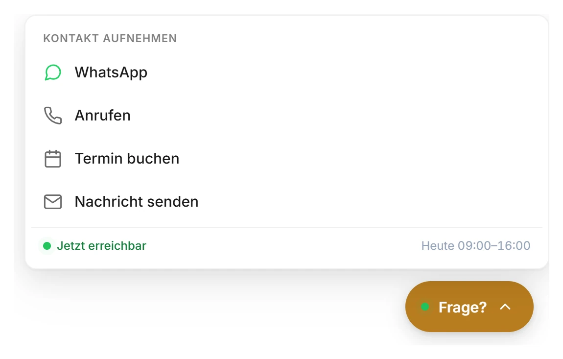 Geöffneter Schnellkontakt mit WhatsApp, Anrufen, Termin buchen und Nachricht senden sowie den Öffnungszeiten