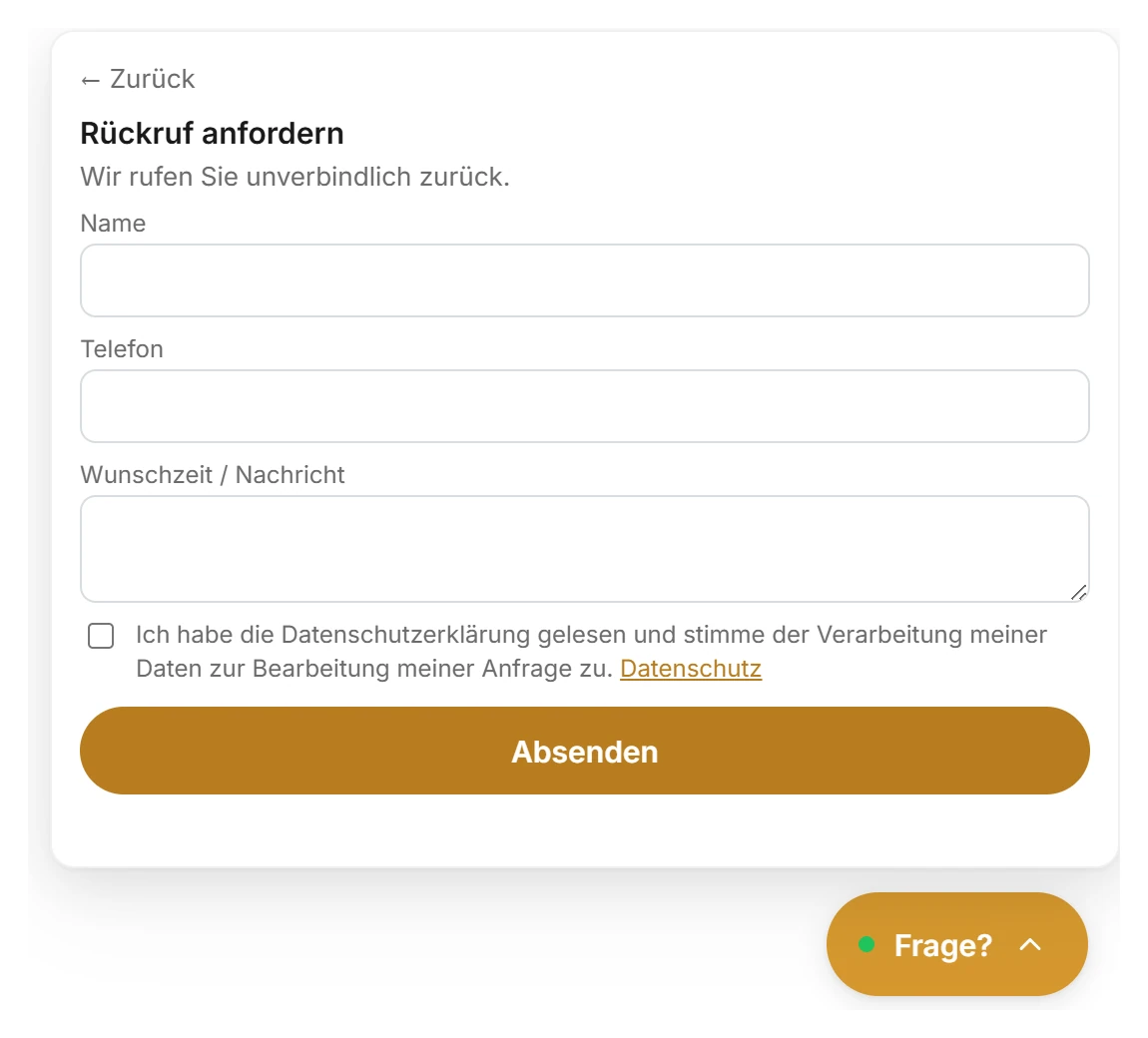 Rückruf-Formular im Schnellkontakt mit Name, Telefon, Wunschzeit und Datenschutz-Häkchen
