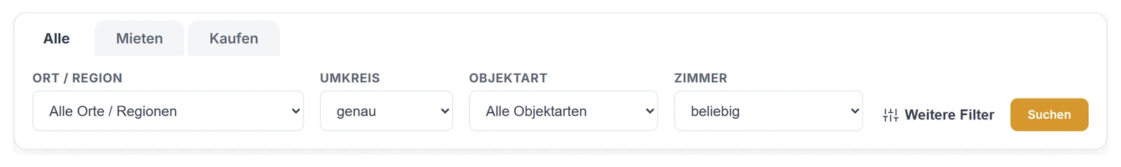 Filterkarte mit Ortsauswahl und Umkreis von fünf bis hundert Kilometern