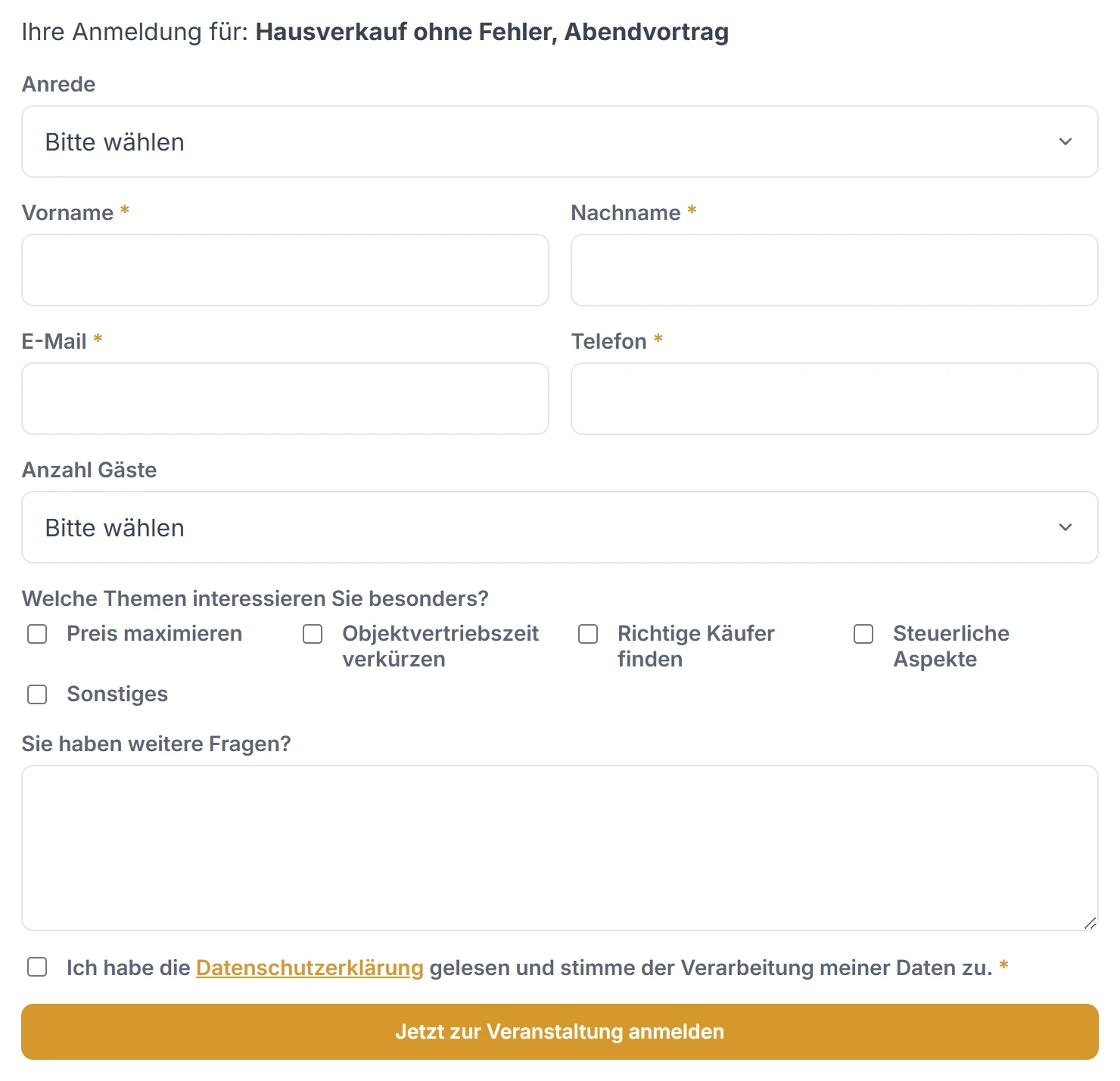 Anmeldeformular für eine Veranstaltung mit Anrede, Name, E-Mail und Teilnehmerzahl