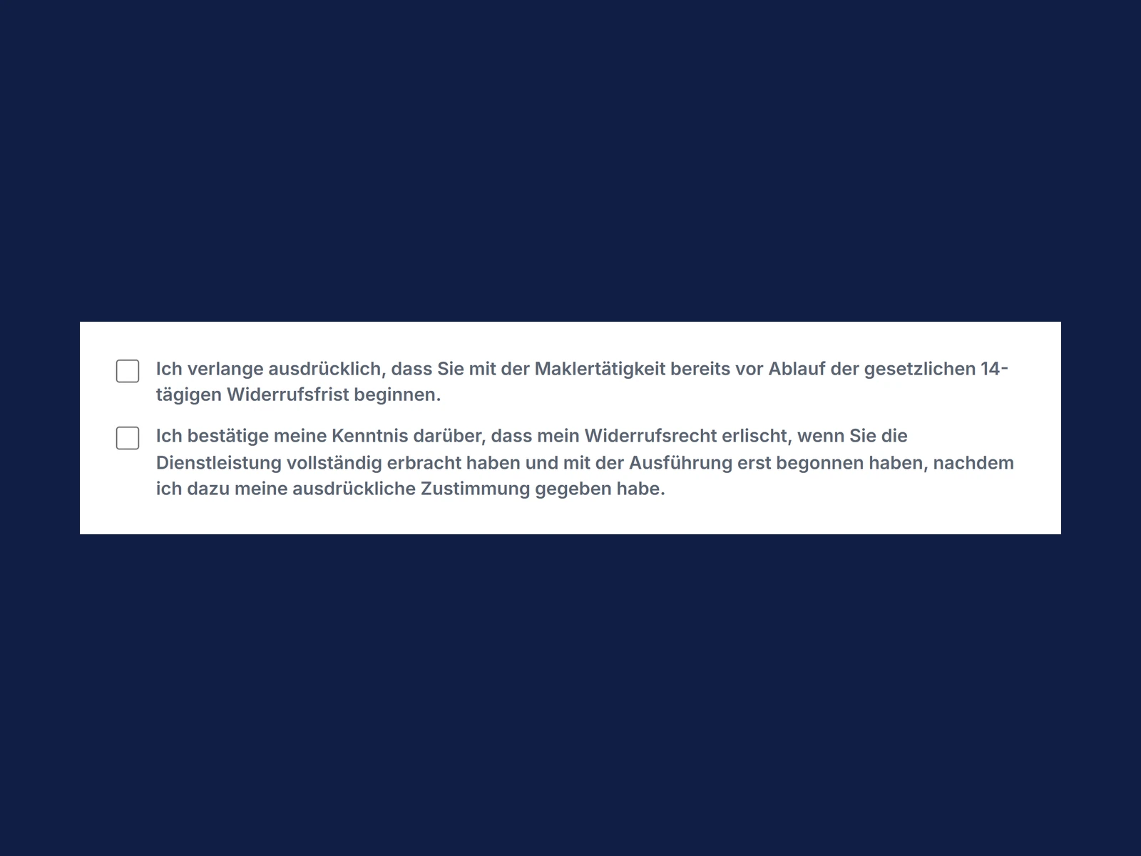Zwei getrennte Pflicht-Häkchen zum vorzeitigen Leistungsbeginn unter einem Objektanfrage-Formular