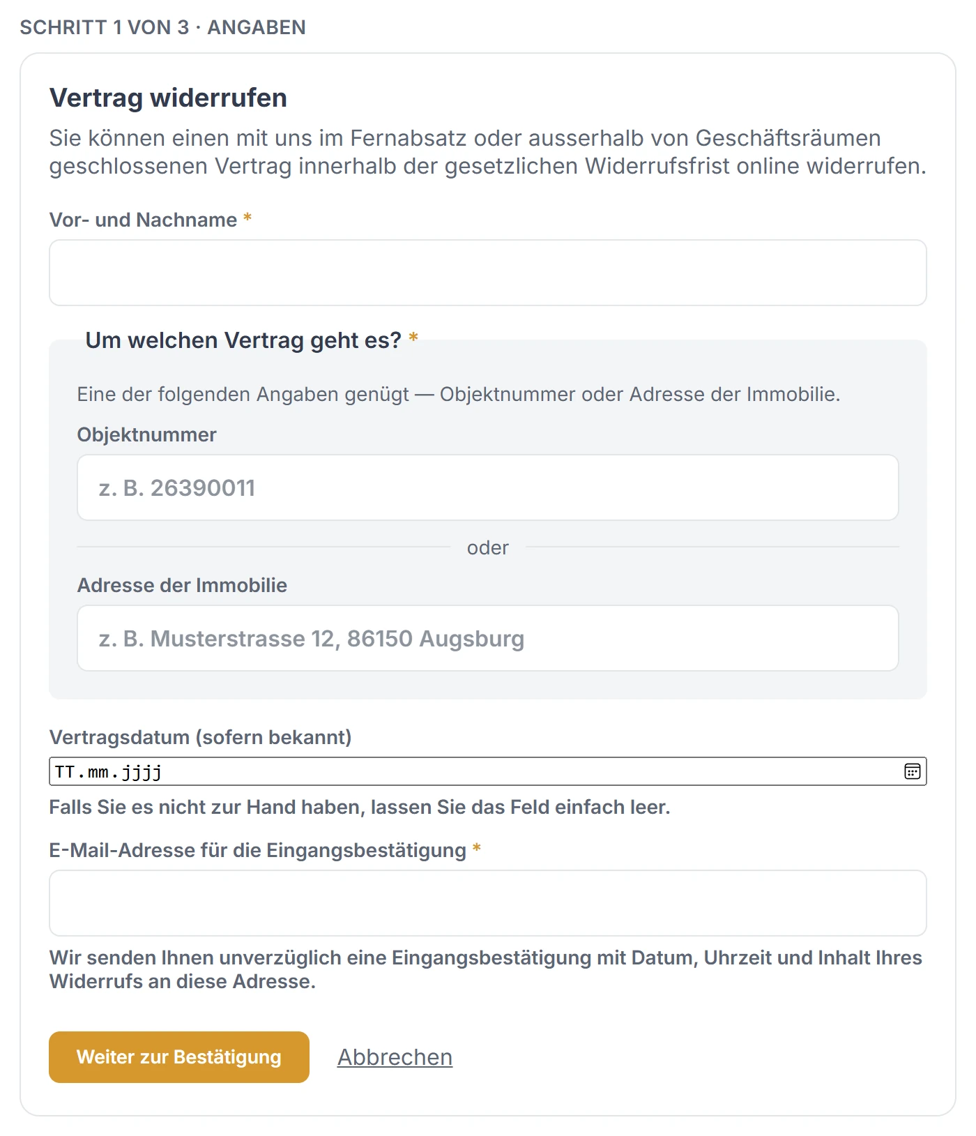 Widerrufsformular von MG ImmoConnect mit Schrittanzeige, Name, Objektnummer, Vertragsdatum und E-Mail-Adresse